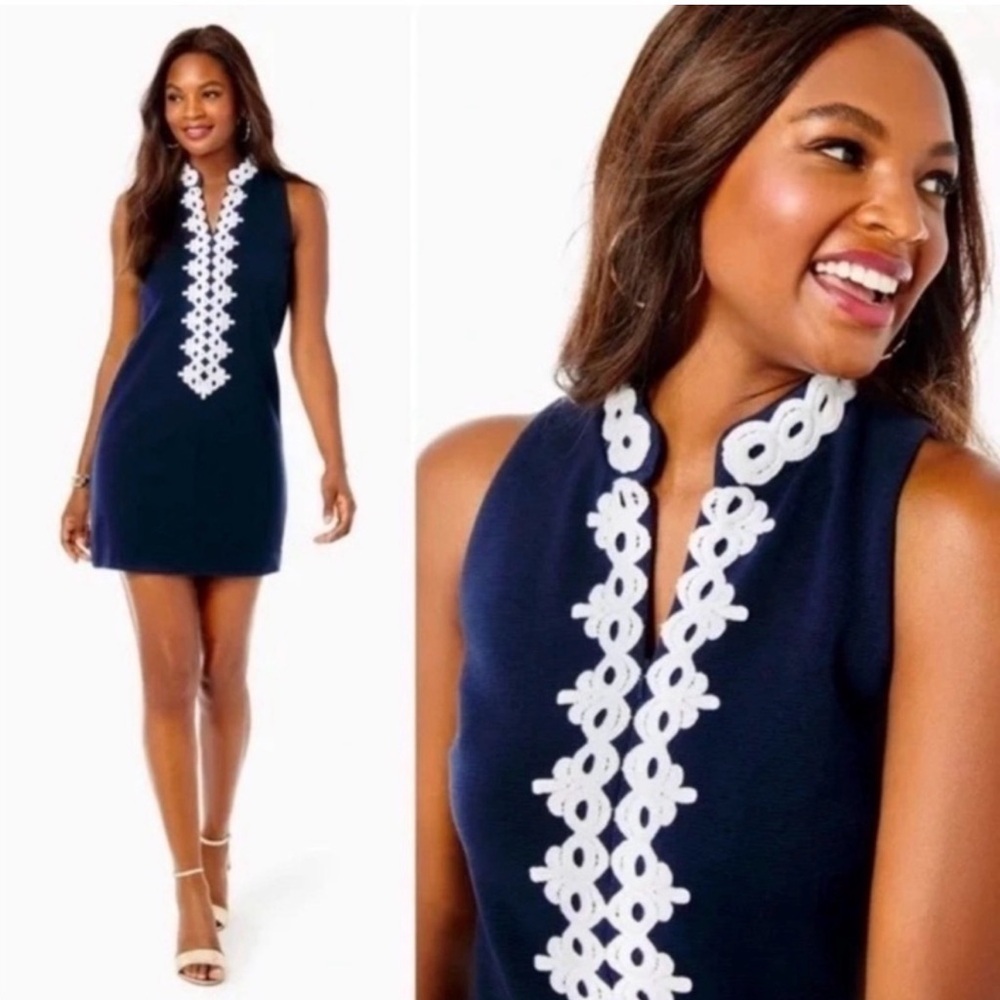 Lilly Pulitzer Callista mini Navy Dress with White Lace Trim Small